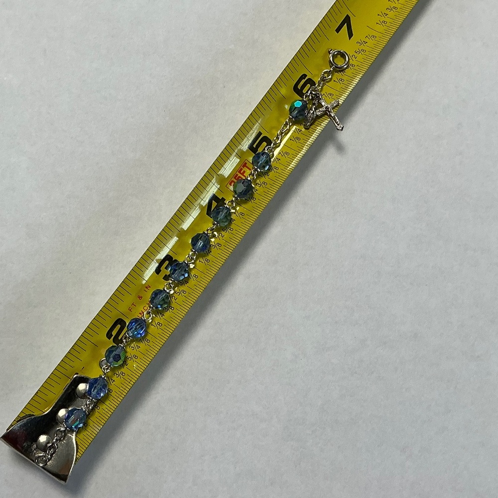 Child’s Religious Bracelet Translucent Faceted Light Blue Beads Crucifix & Mary - Picture 4 of 4